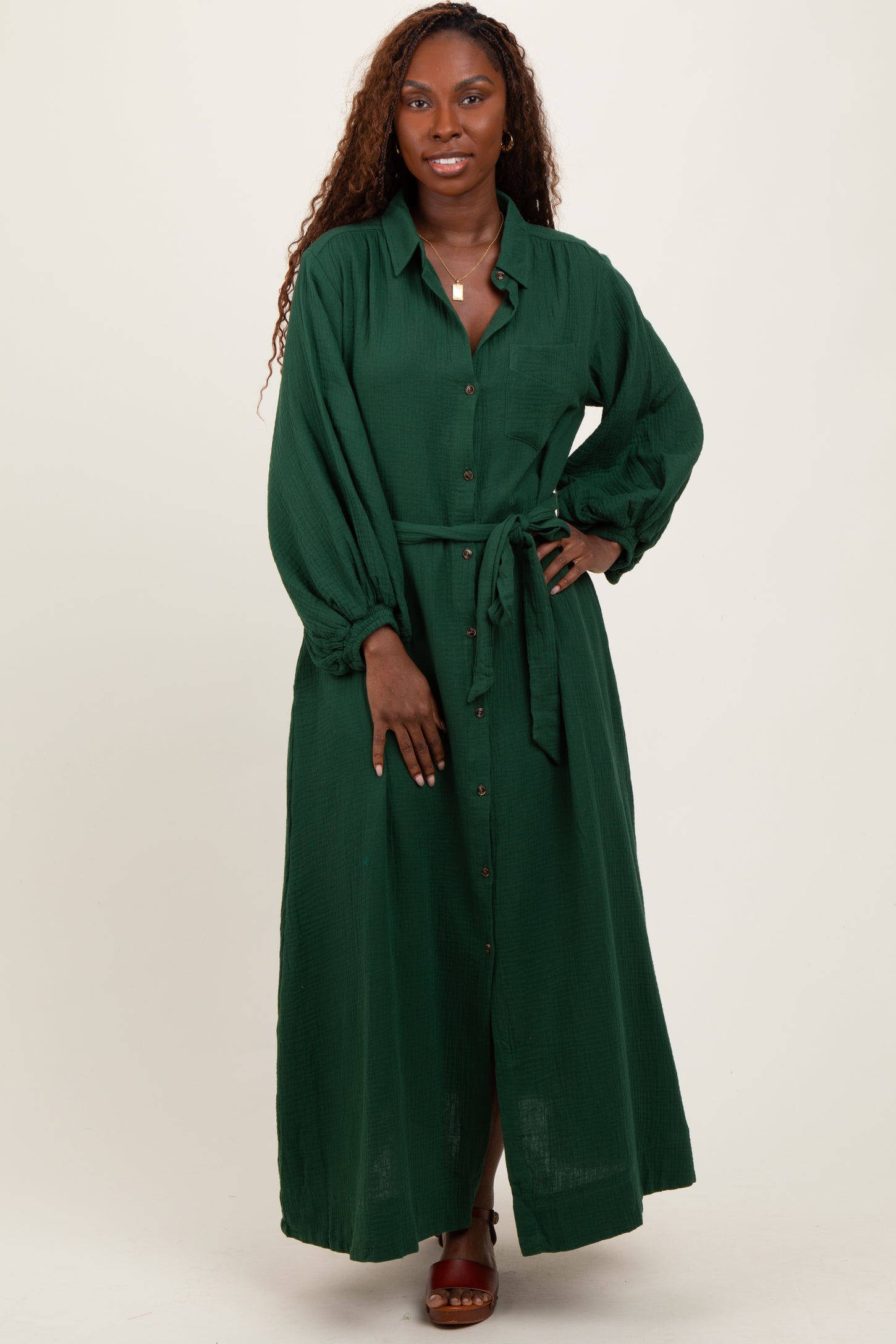 Dark Olive Gauze Belted Shirt Midi Dress