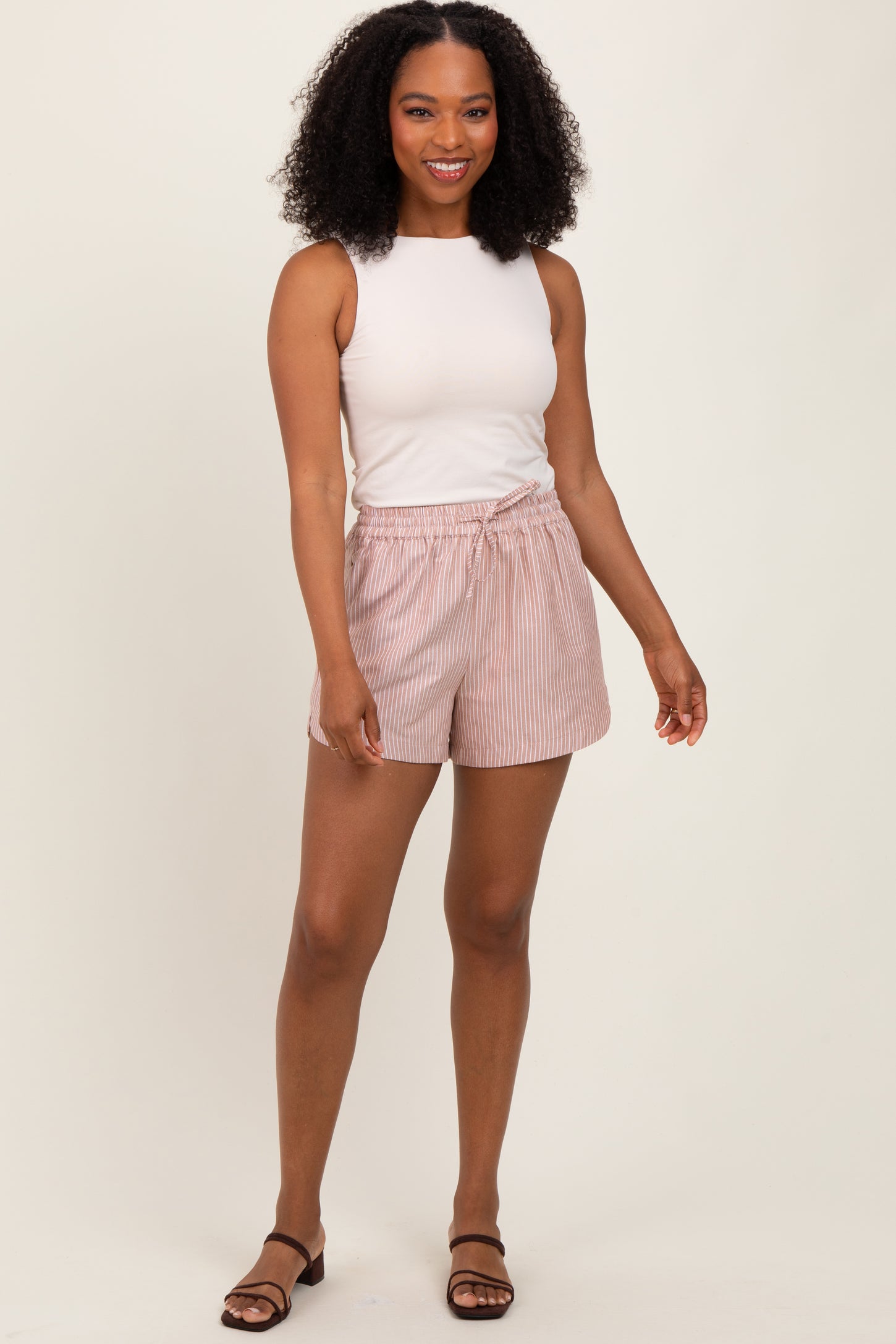 Camel Striped Round Hem Drawstring Shorts