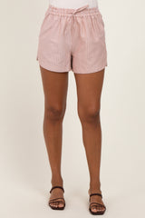 Camel Striped Round Hem Drawstring Shorts