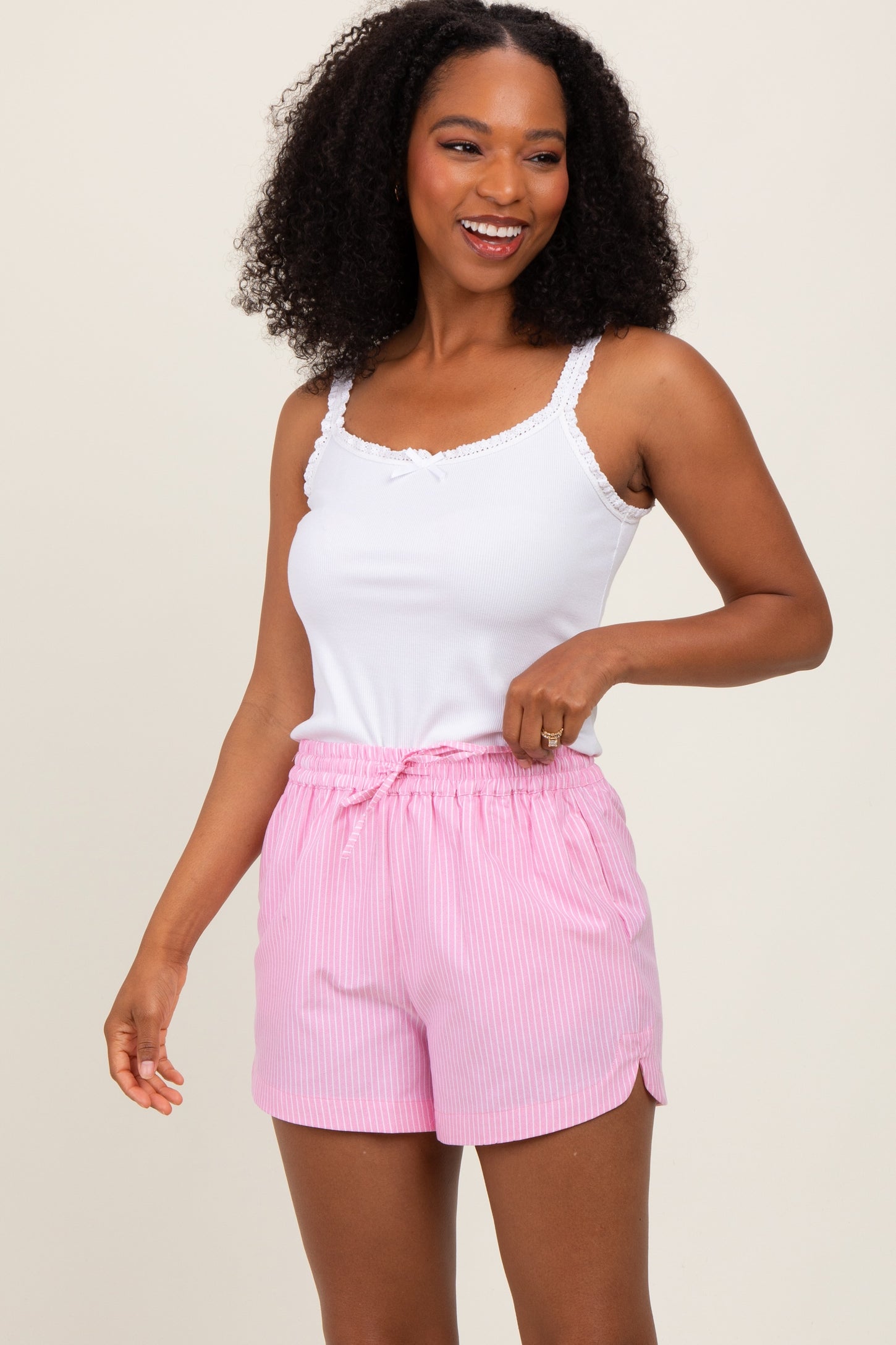 Pink Striped Round Hem Drawstring Shorts