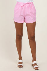 Pink Striped Round Hem Drawstring Shorts