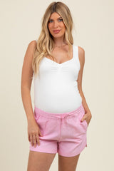 Pink Striped Round Hem Drawstring Maternity Shorts