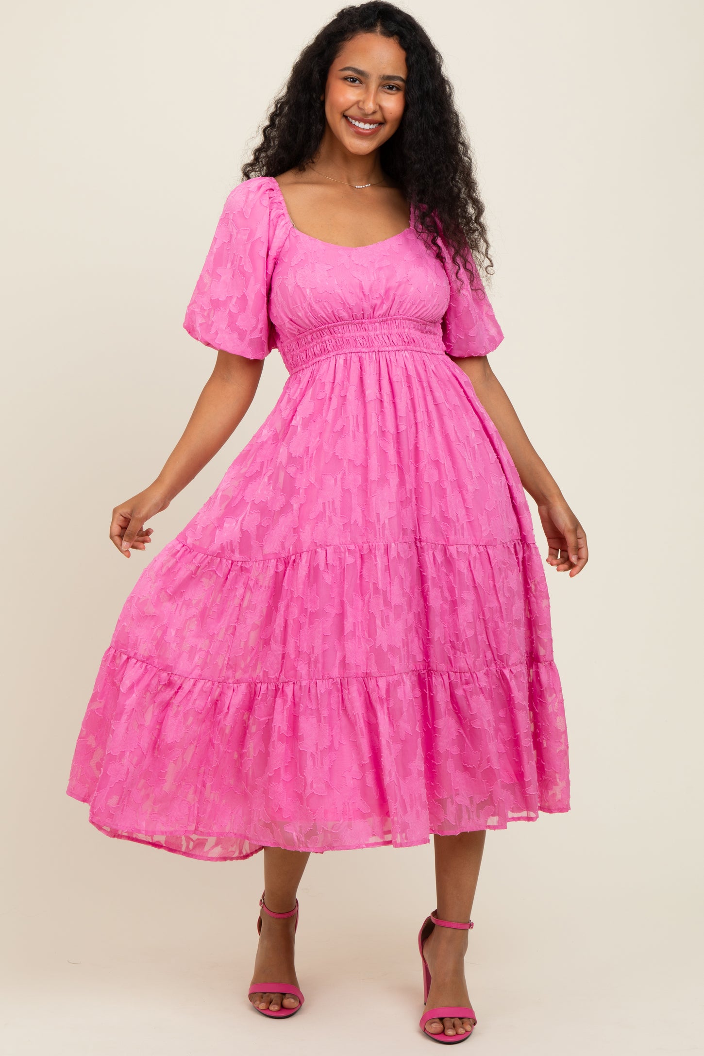 Pink Textured Floral Short Sleeve Midi Dress