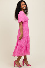 Pink Textured Floral Short Sleeve Midi Dress