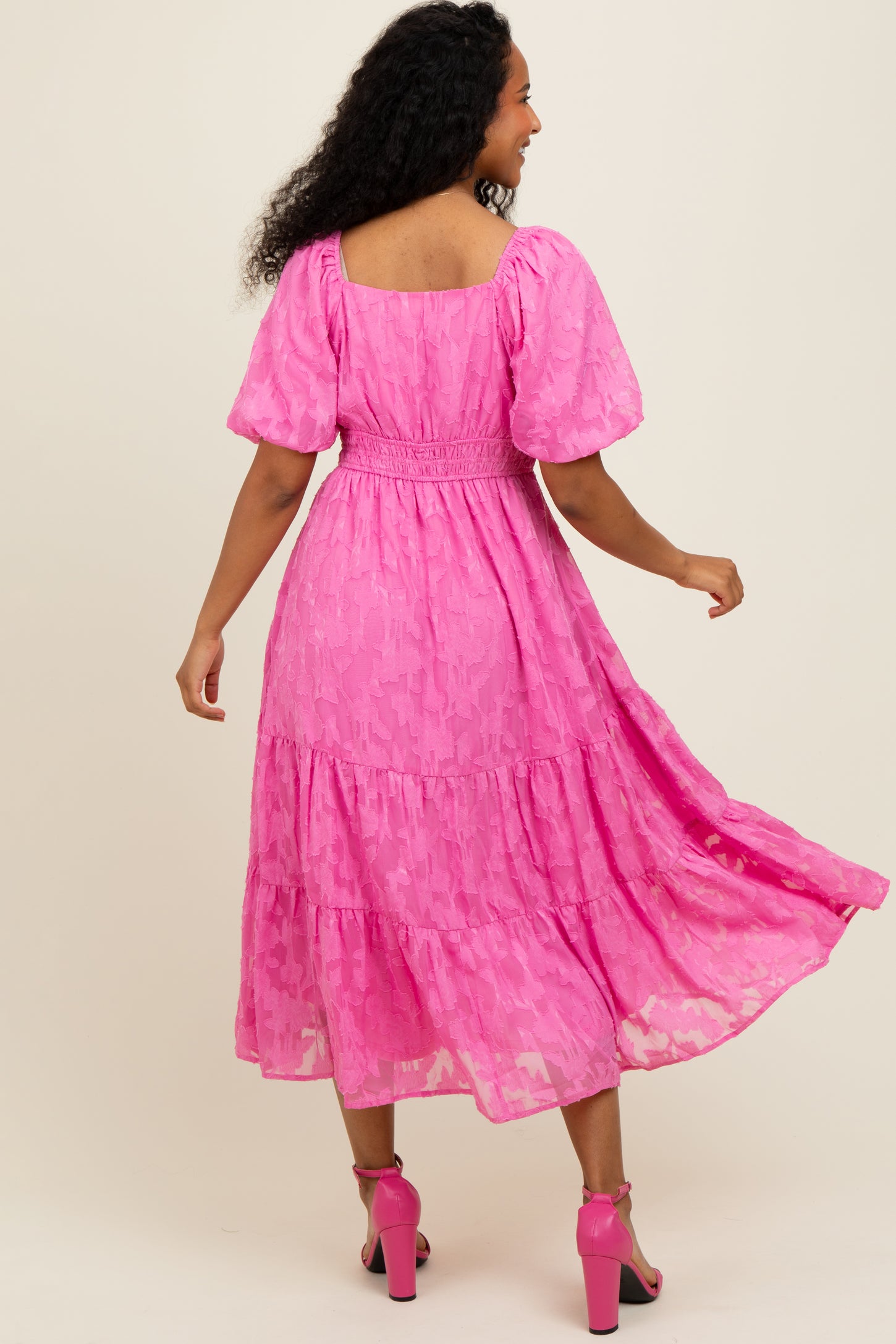 Pink Textured Floral Short Sleeve Midi Dress