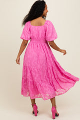 Pink Textured Floral Short Sleeve Midi Dress