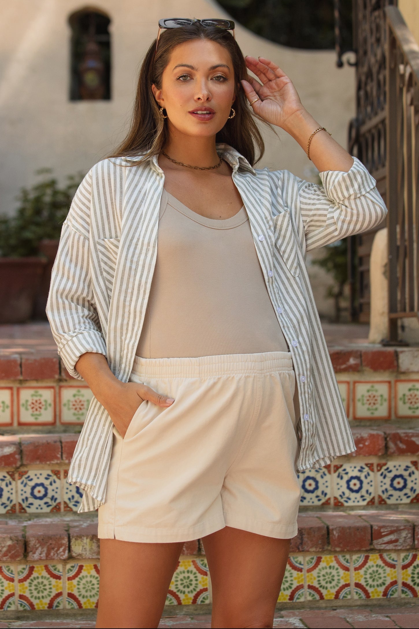 Beige Woven Cotton Maternity Shorts