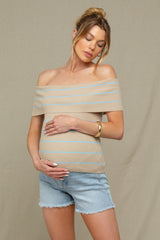 Taupe Striped Off The Shoulder Sweater Maternity Top