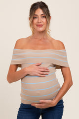 Taupe Striped Off The Shoulder Sweater Maternity Top