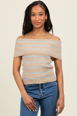 Taupe Striped Off The Shoulder Sweater Top