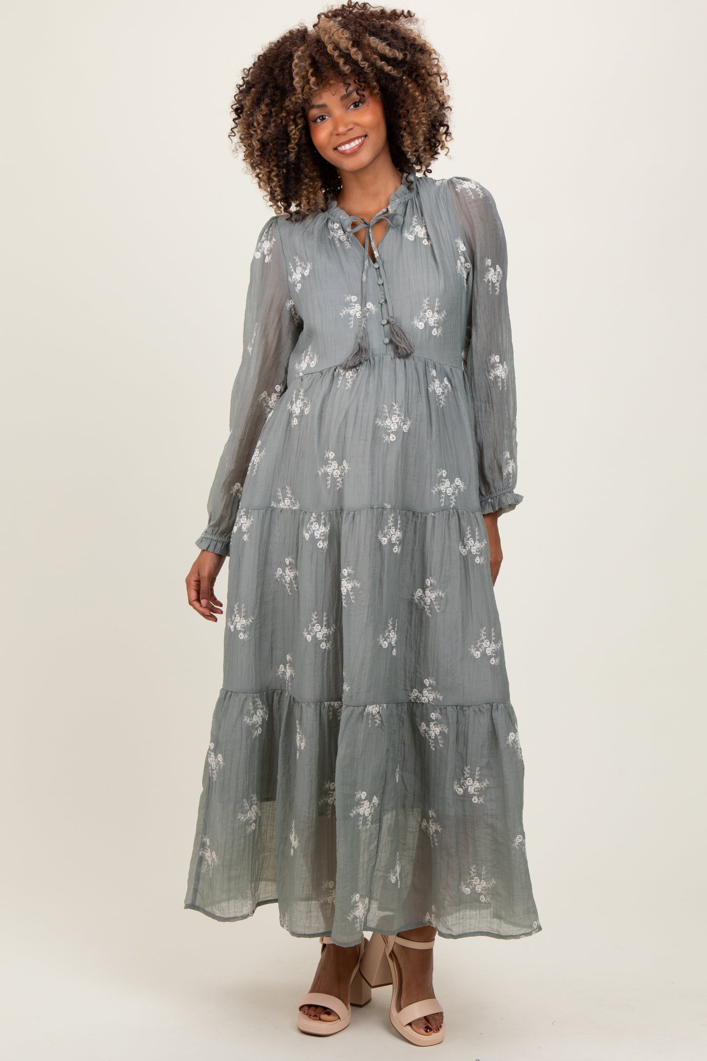 Gray Embroidered Tassel Tie Tiered Maternity Midi Dress