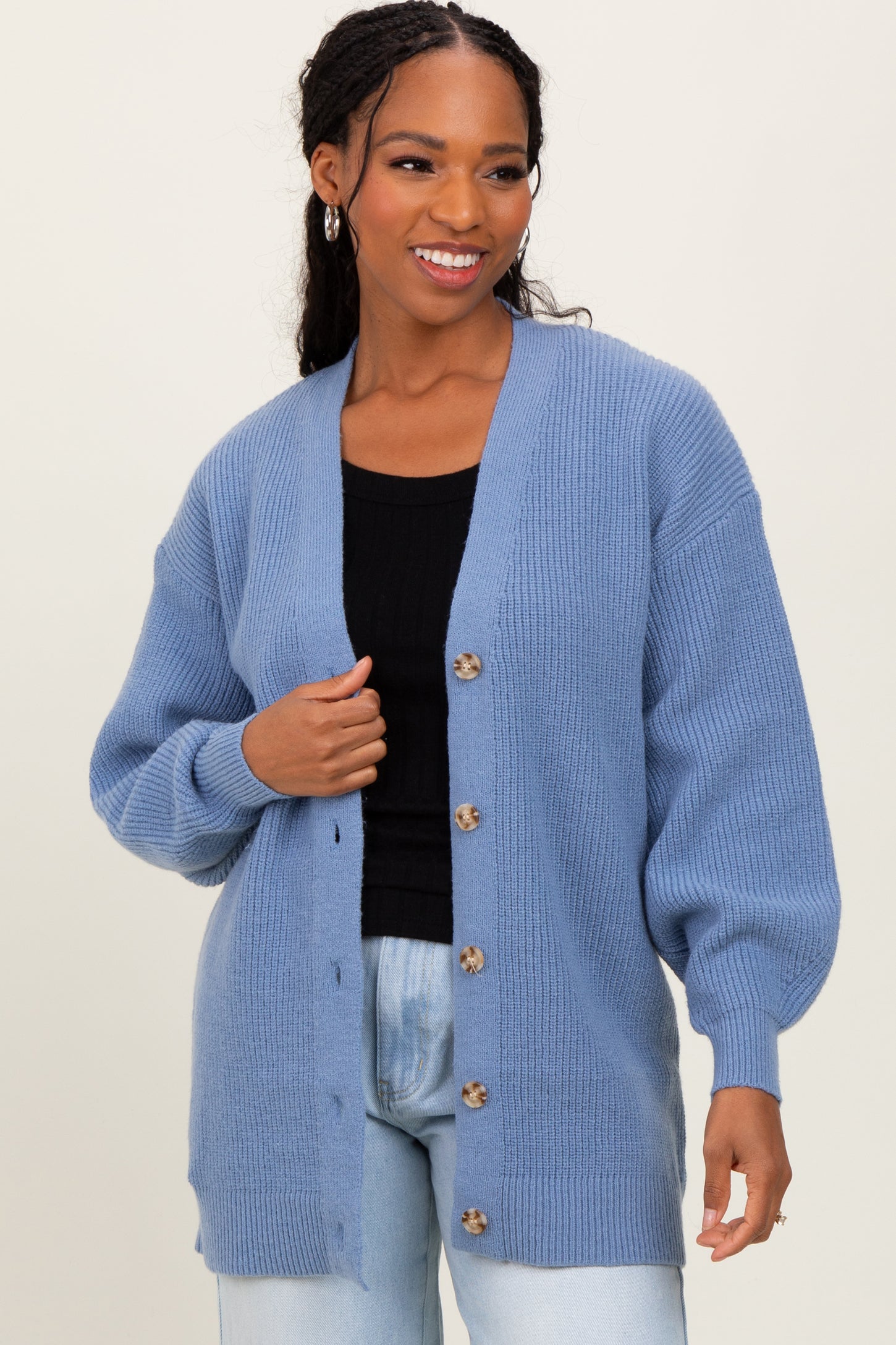 Blue Knit Oversized Button Down V-Neck Maternity Cardigan