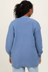 Blue Knit Oversized Button Down V-Neck Cardigan