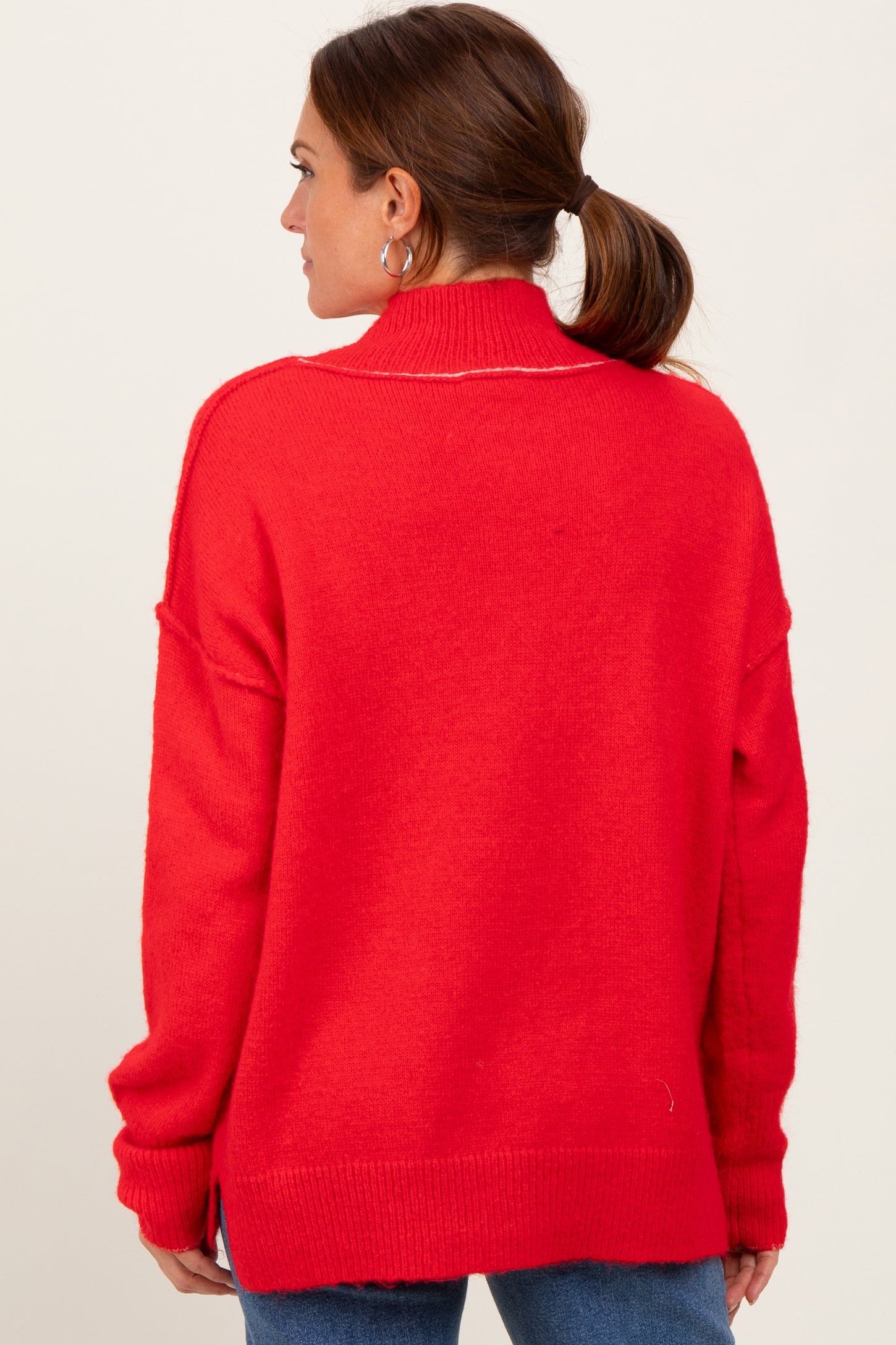 Red Mock Neck Contrast Seam Sweater