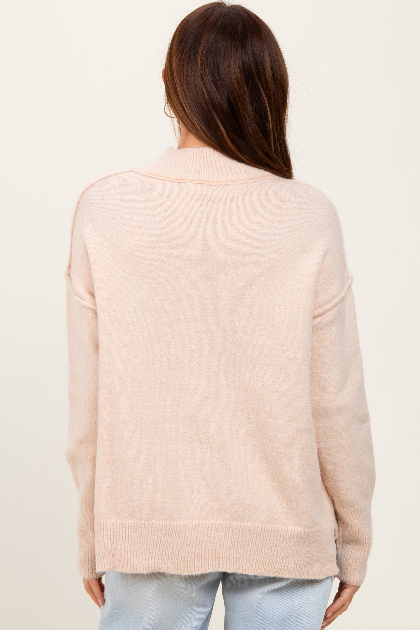 Cream Mock Neck Contrast Seam Sweater