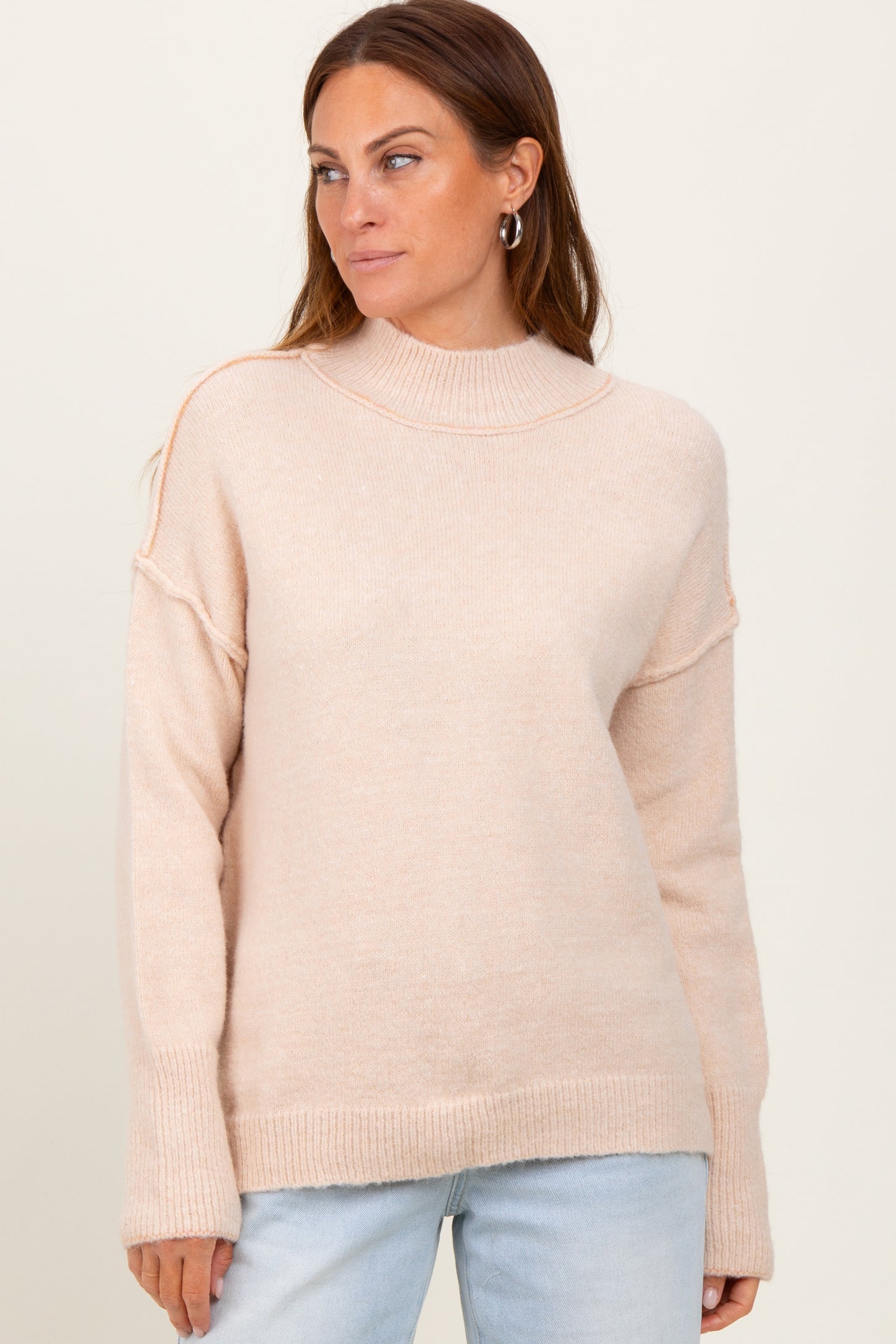 Cream Mock Neck Contrast Seam Sweater