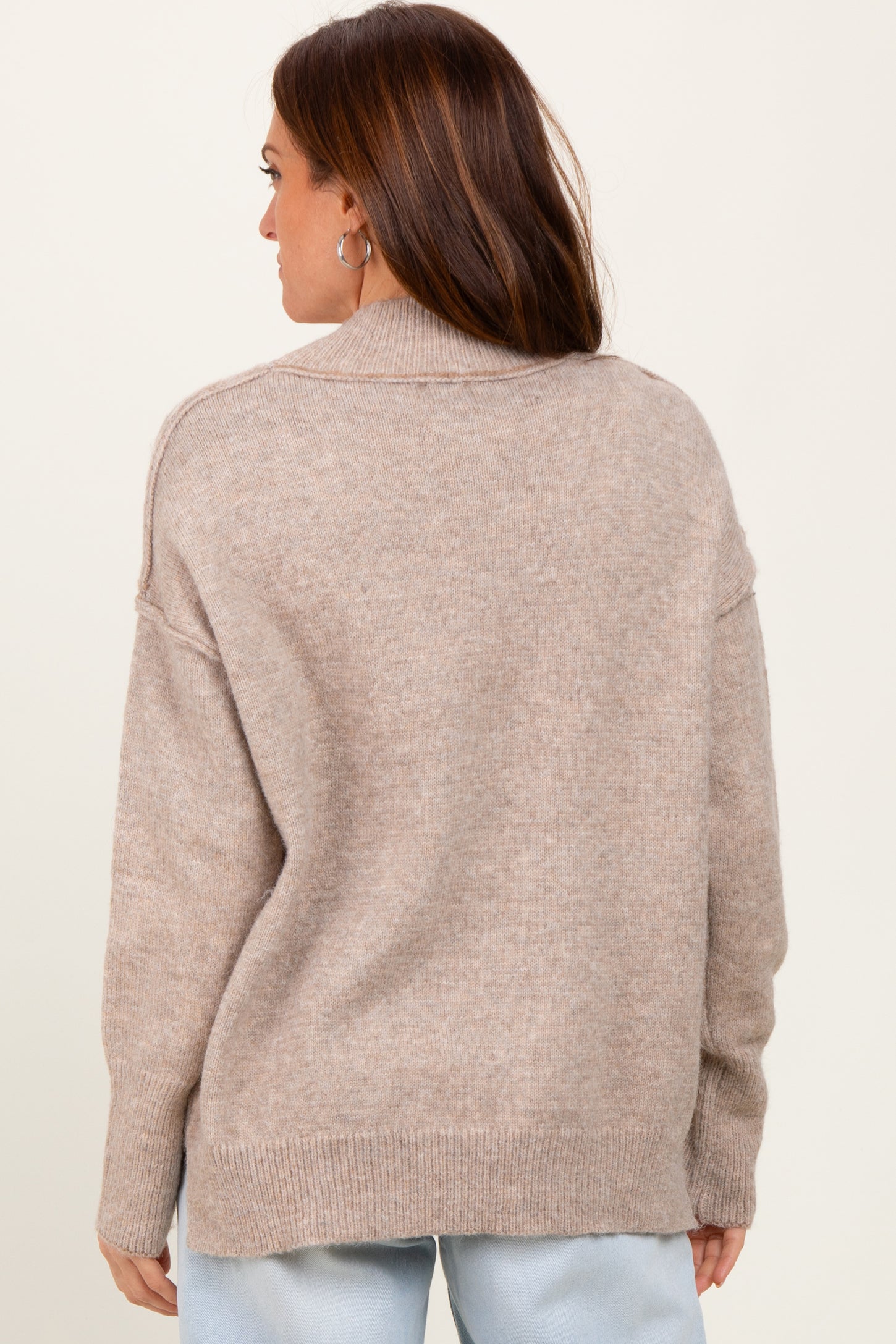 Light Taupe Mock Neck Contrast Seam Sweater