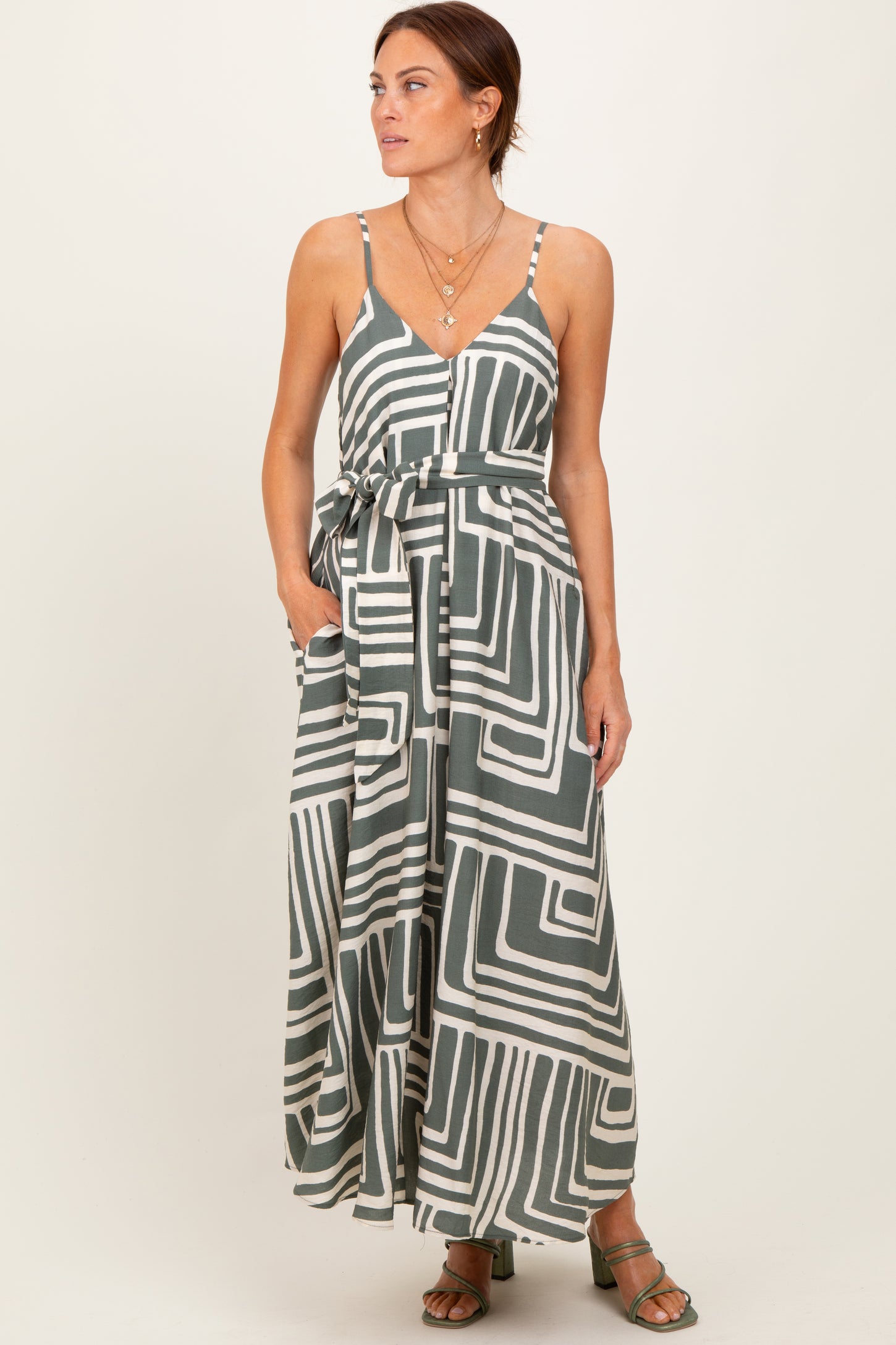 Light Olive Geometric Print Sash Tie Maxi Dress
