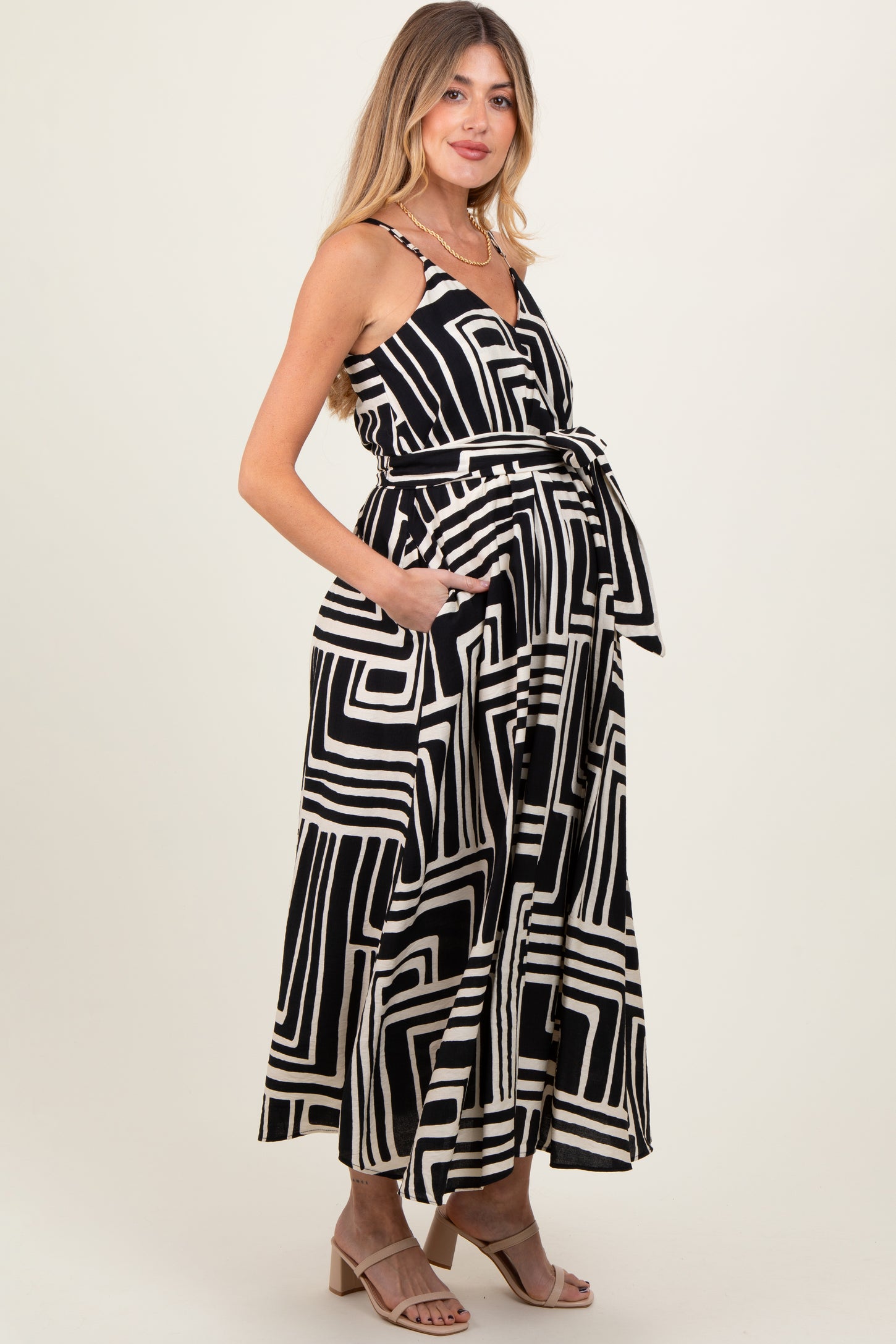 Black Geometric Print Sash Tie Maternity Maxi Dress