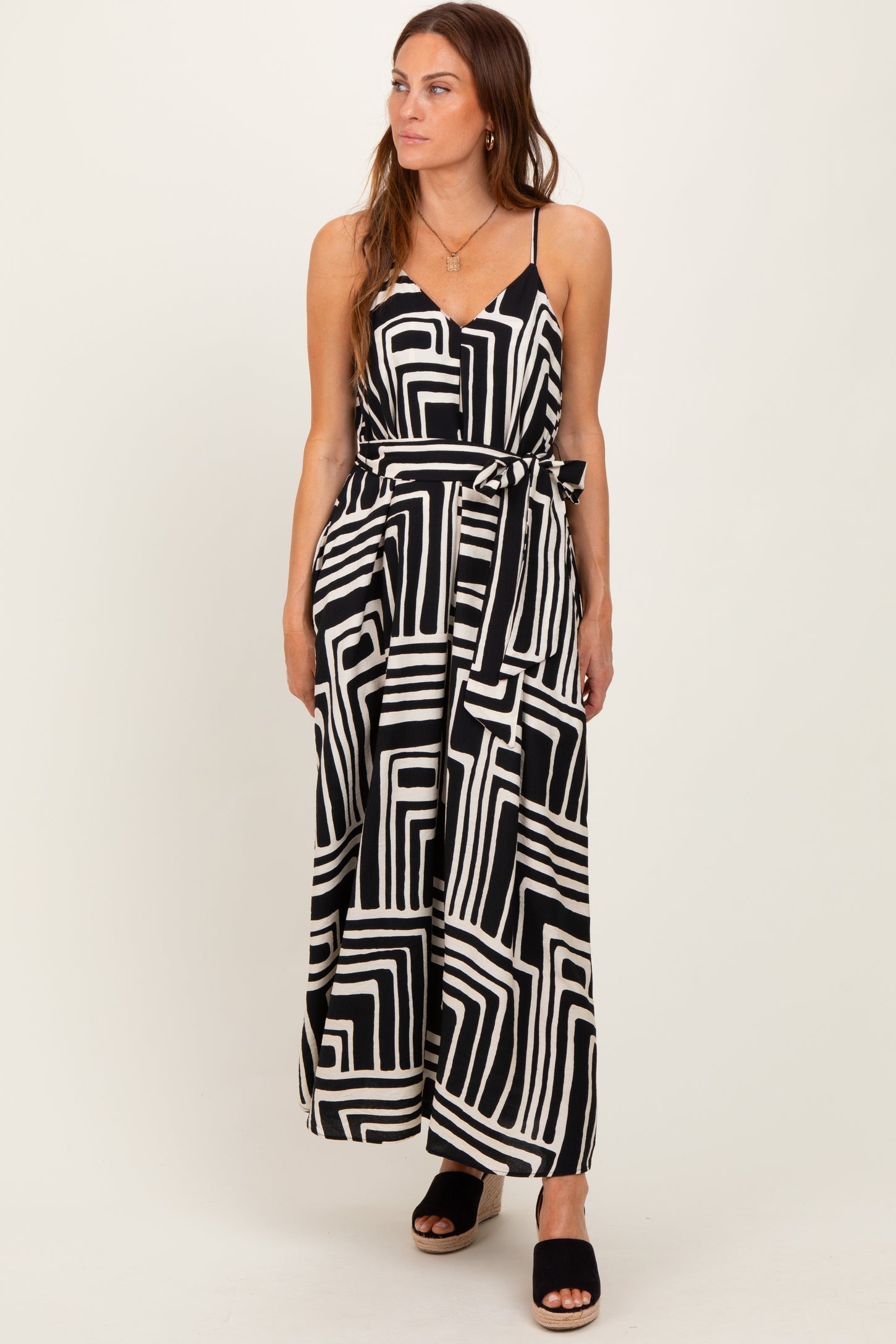 Black Geometric Print Sash Tie Maxi Dress