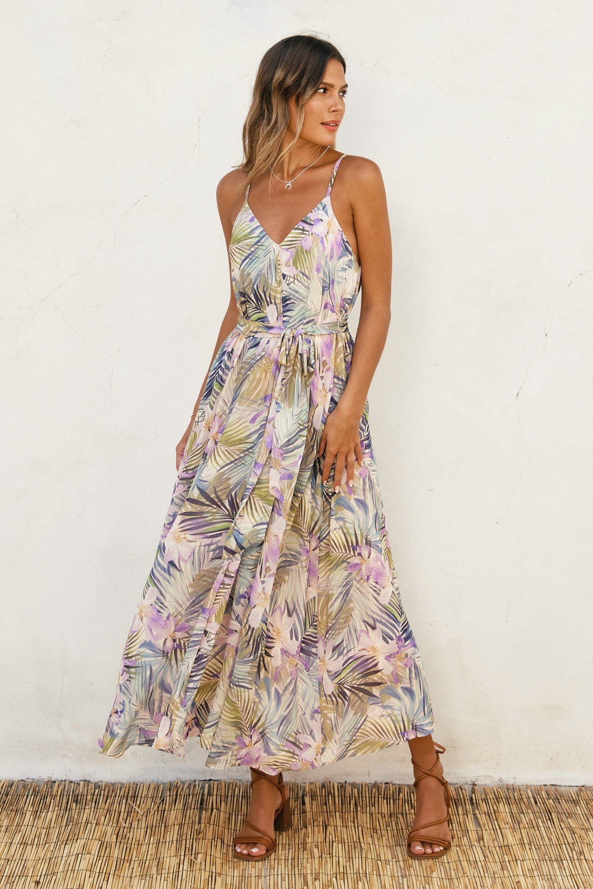 Lavender Tropical Floral Sash Tie Maternity Maxi Dress