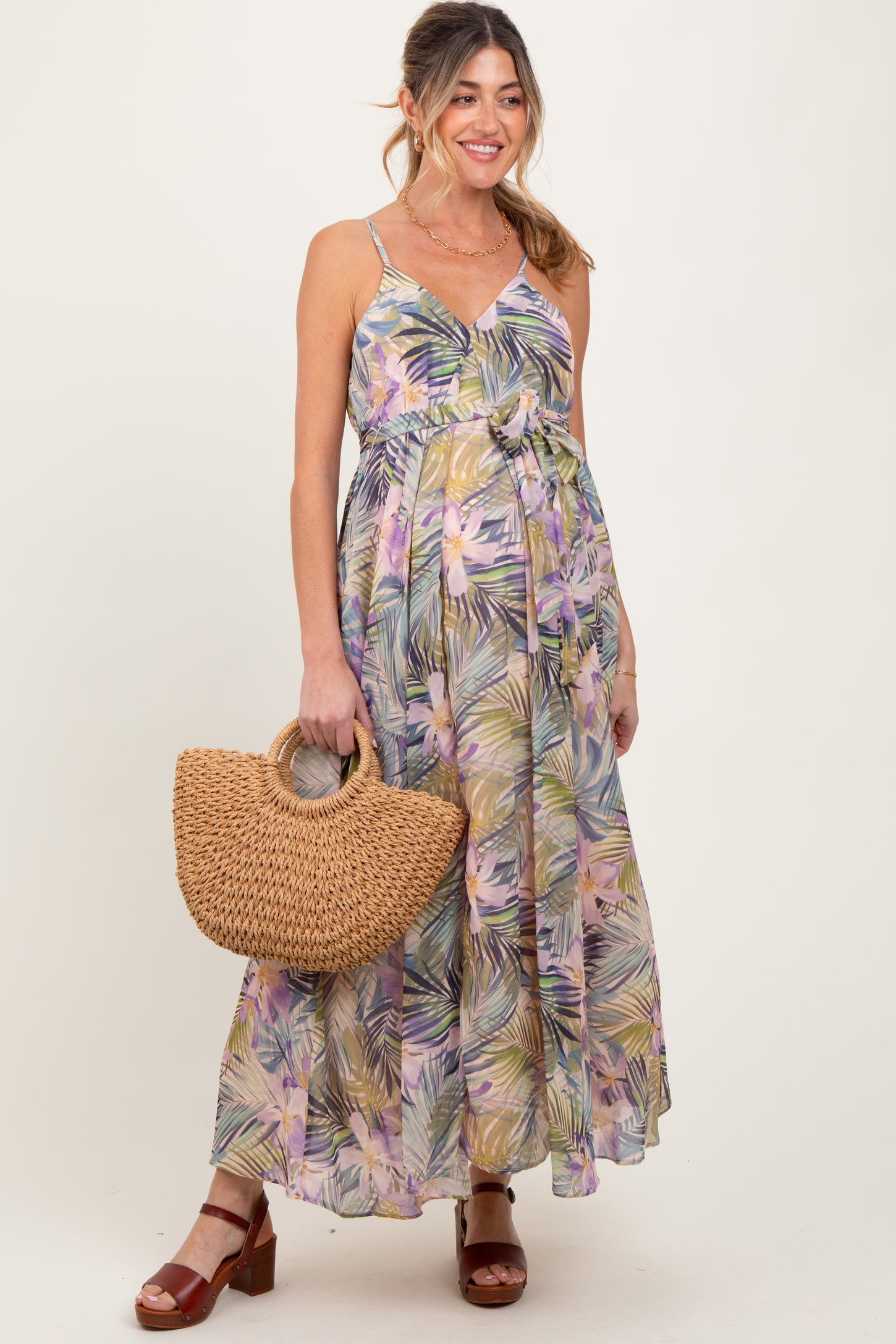Lavender Tropical Floral Sash Tie Maternity Maxi Dress