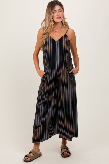 Black Striped Wide Leg Sleeveless Maternity Jumpsuit