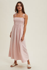 Red Striped Shoulder Tie Smocked Maxi Dress