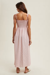 Red Striped Shoulder Tie Smocked Maxi Dress