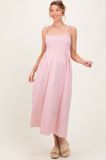Red Striped Shoulder Tie Smocked Maternity Maxi Dress