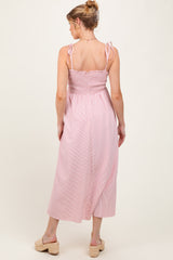 Red Striped Shoulder Tie Smocked Maternity Maxi Dress