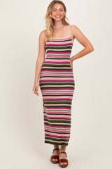 Pink Multi Stripe Ribbed Knit Maternity Fitted Midi Dress
