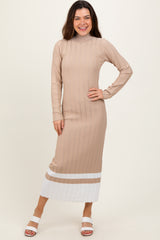 Beige Colorblock Hem Mock Neck Sweater Dress