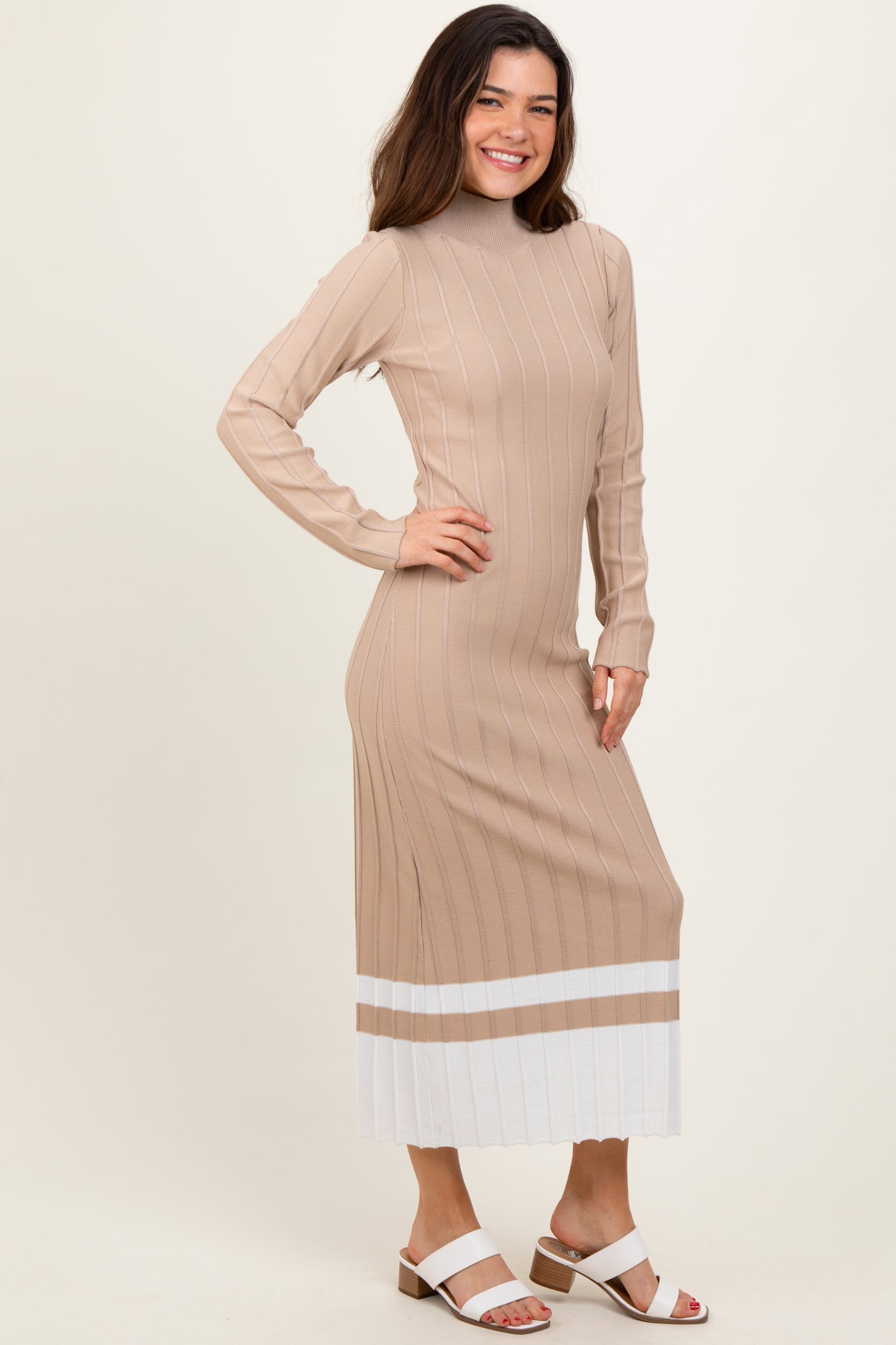 Beige Colorblock Hem Mock Neck Sweater Dress