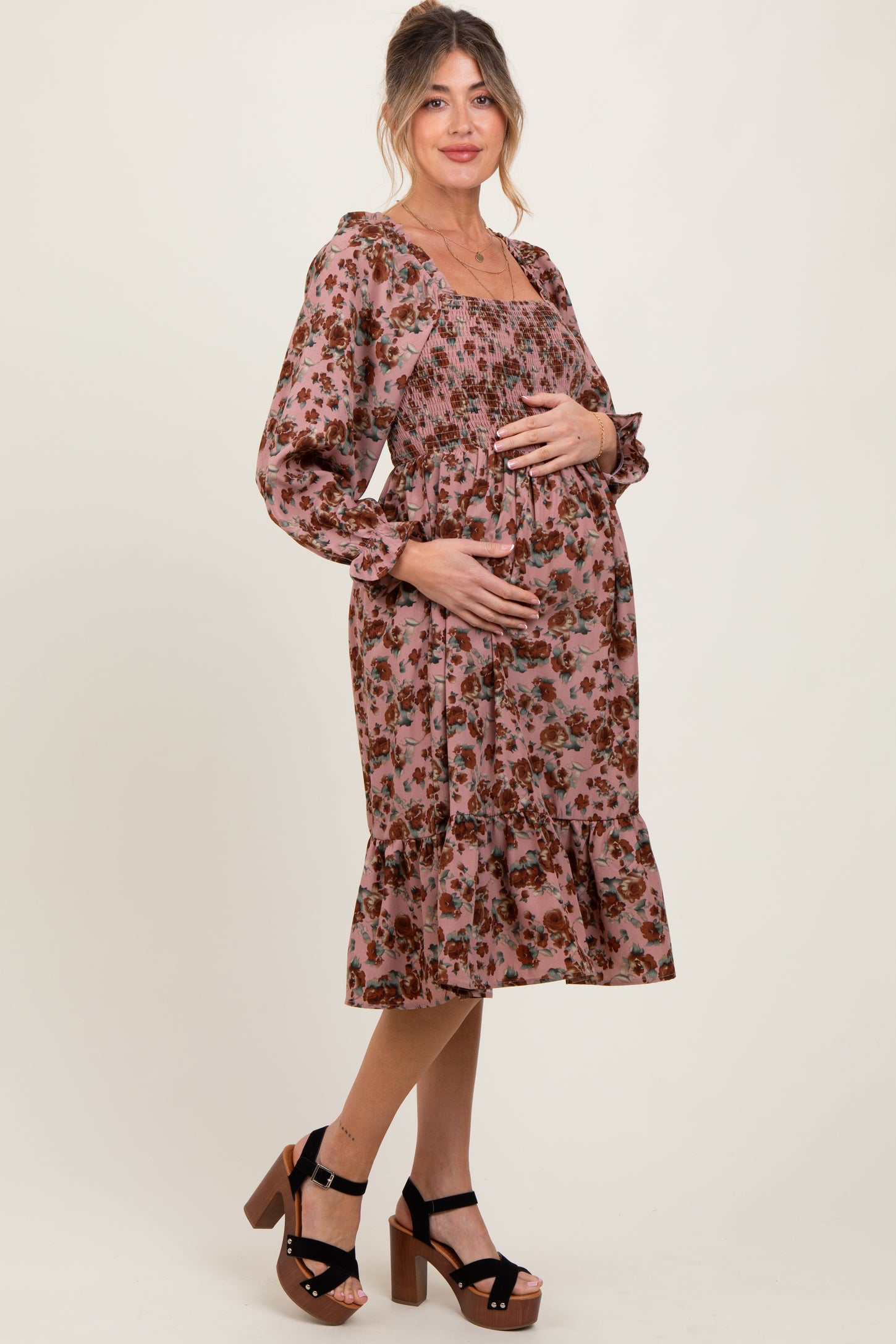 Mauve Rose Smocked Velvet Bow Tie Maternity Midi Dress