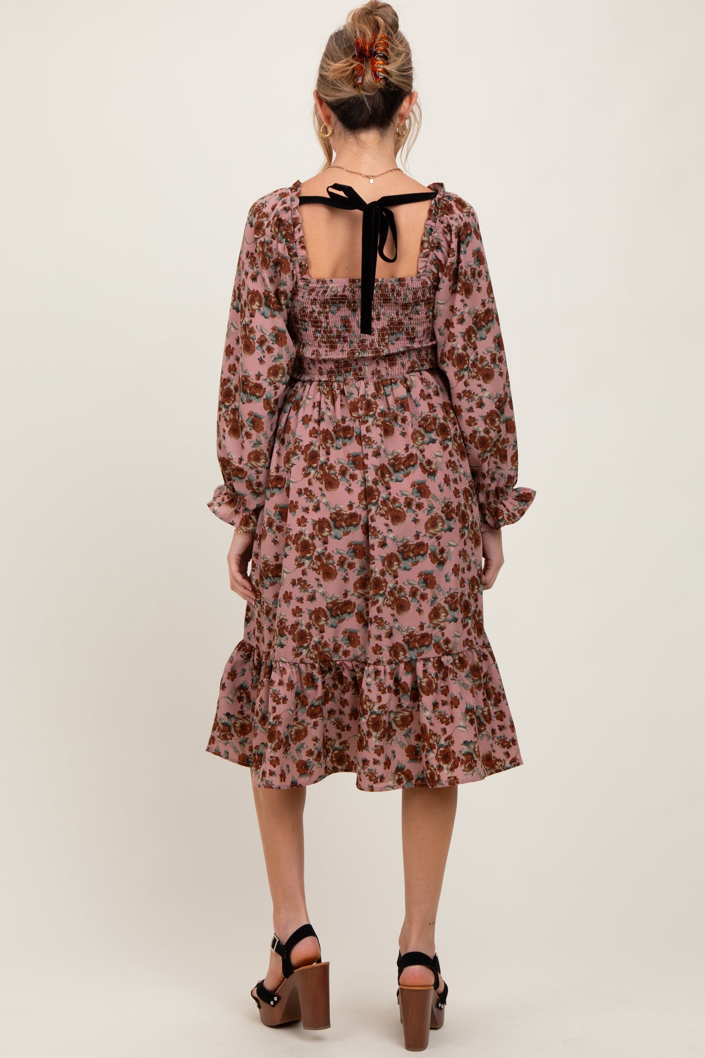 Mauve Rose Smocked Velvet Bow Tie Maternity Midi Dress