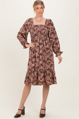 Mauve Rose Smocked Velvet Bow Tie Midi Dress