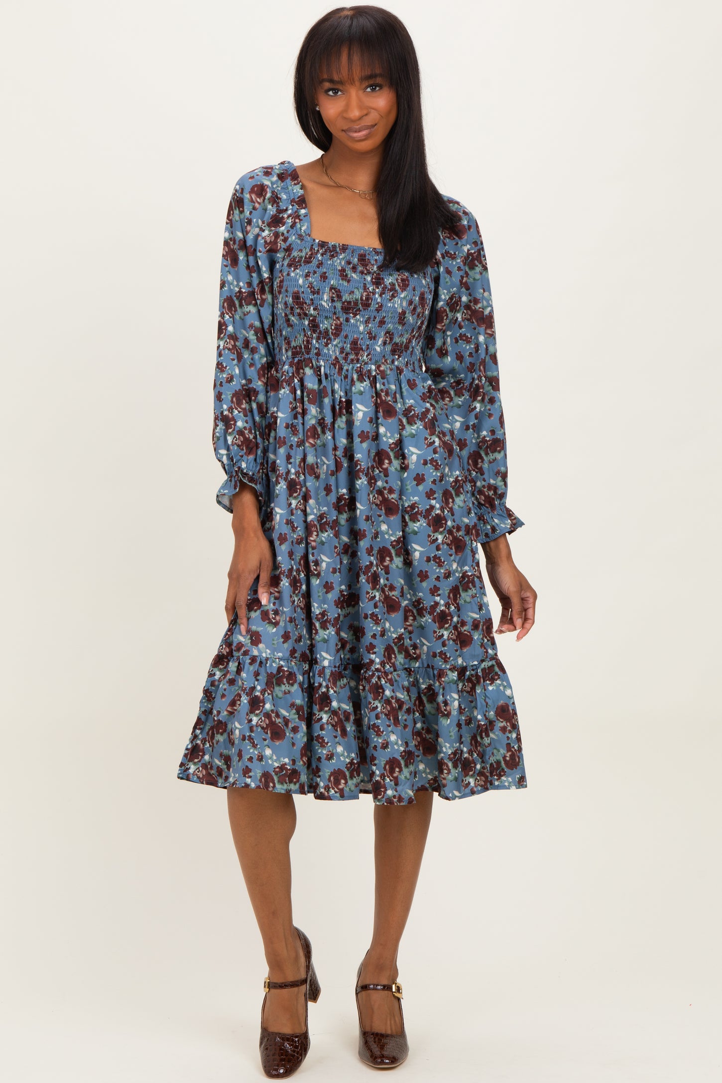 Blue Rose Smocked Velvet Bow Tie Maternity Midi Dress