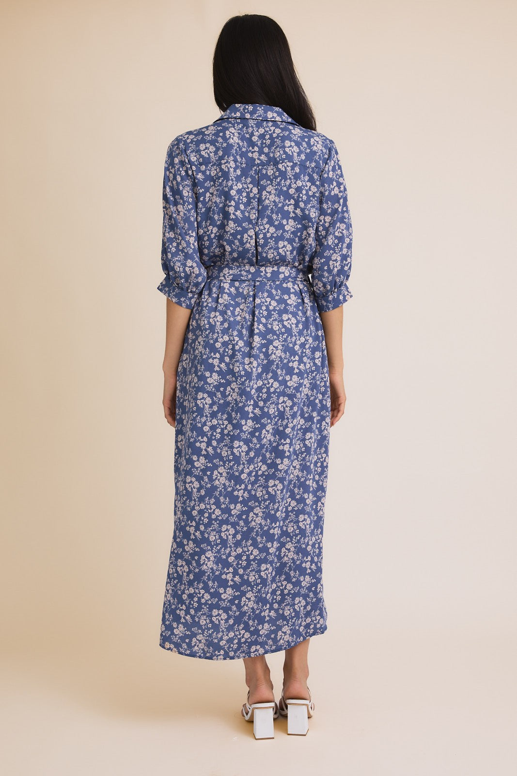 Blue Floral Button Down 3/4 Sleeve Maxi Dress