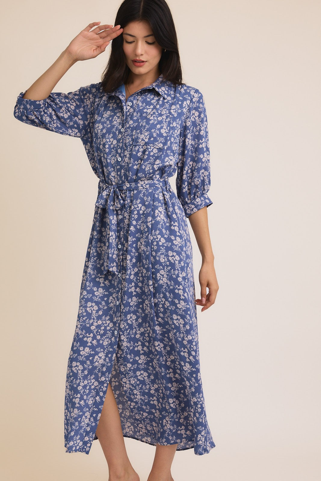 Blue Floral Button Down 3/4 Sleeve Maxi Dress