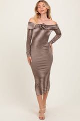Taupe Striped Off Shoulder Rosette Midi Dress