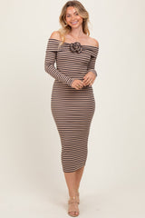 Taupe Striped Off Shoulder Rosette Midi Dress