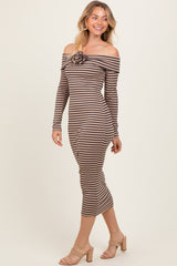 Taupe Striped Off Shoulder Rosette Midi Dress