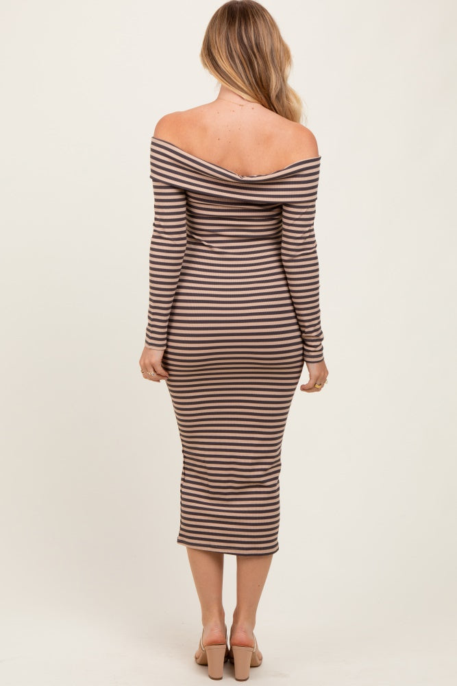 Taupe Striped Off Shoulder Rosette Midi Dress