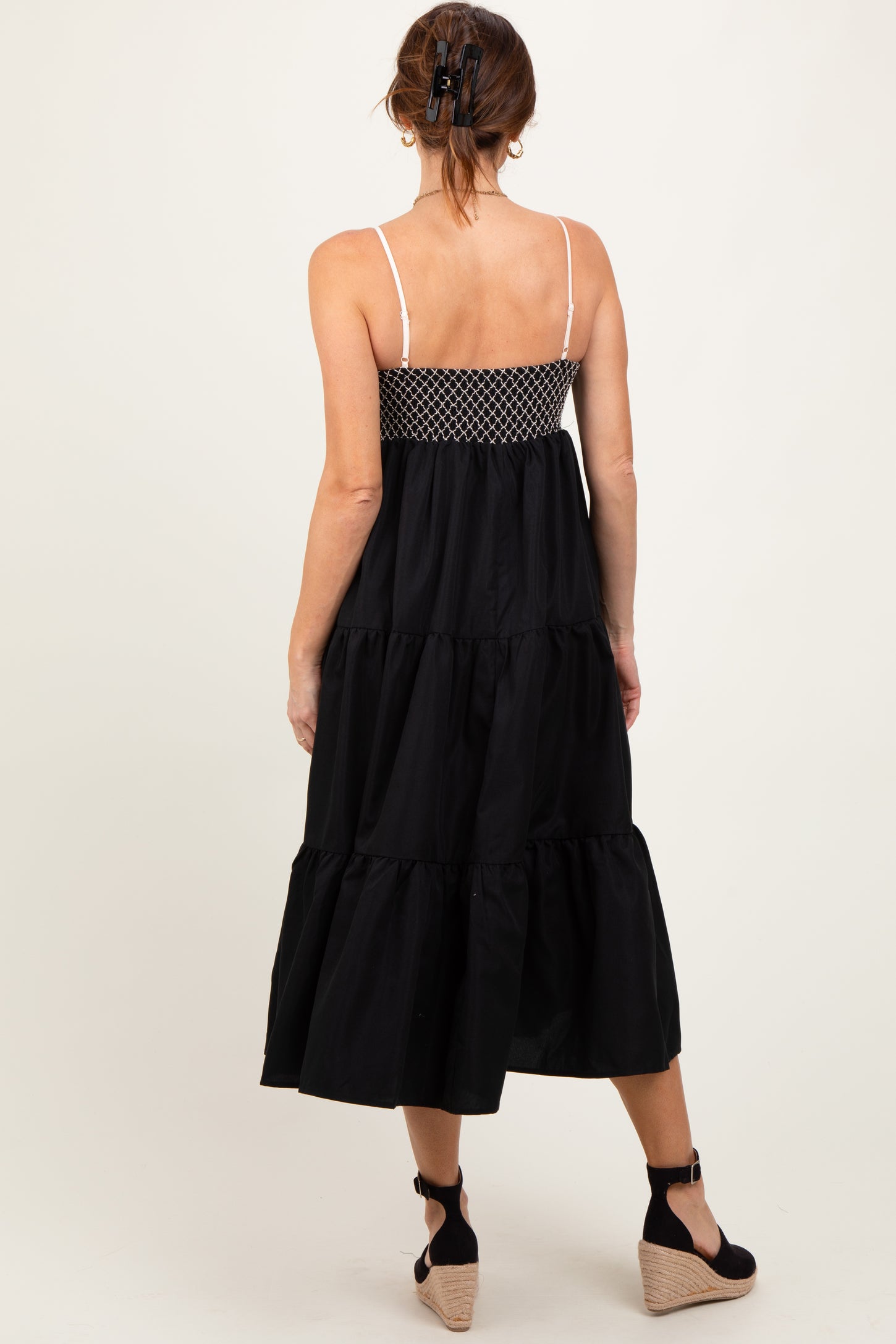 Black Lace Up Smocked Bodice Tiered Midi Dress