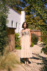 Beige Lace Up Smocked Bodice Tiered Midi Dress