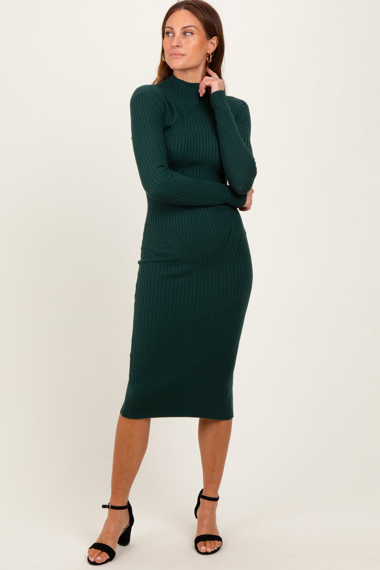 Forest Green Ribbed Knit Mock Neck Long Sleeve Midi Dress