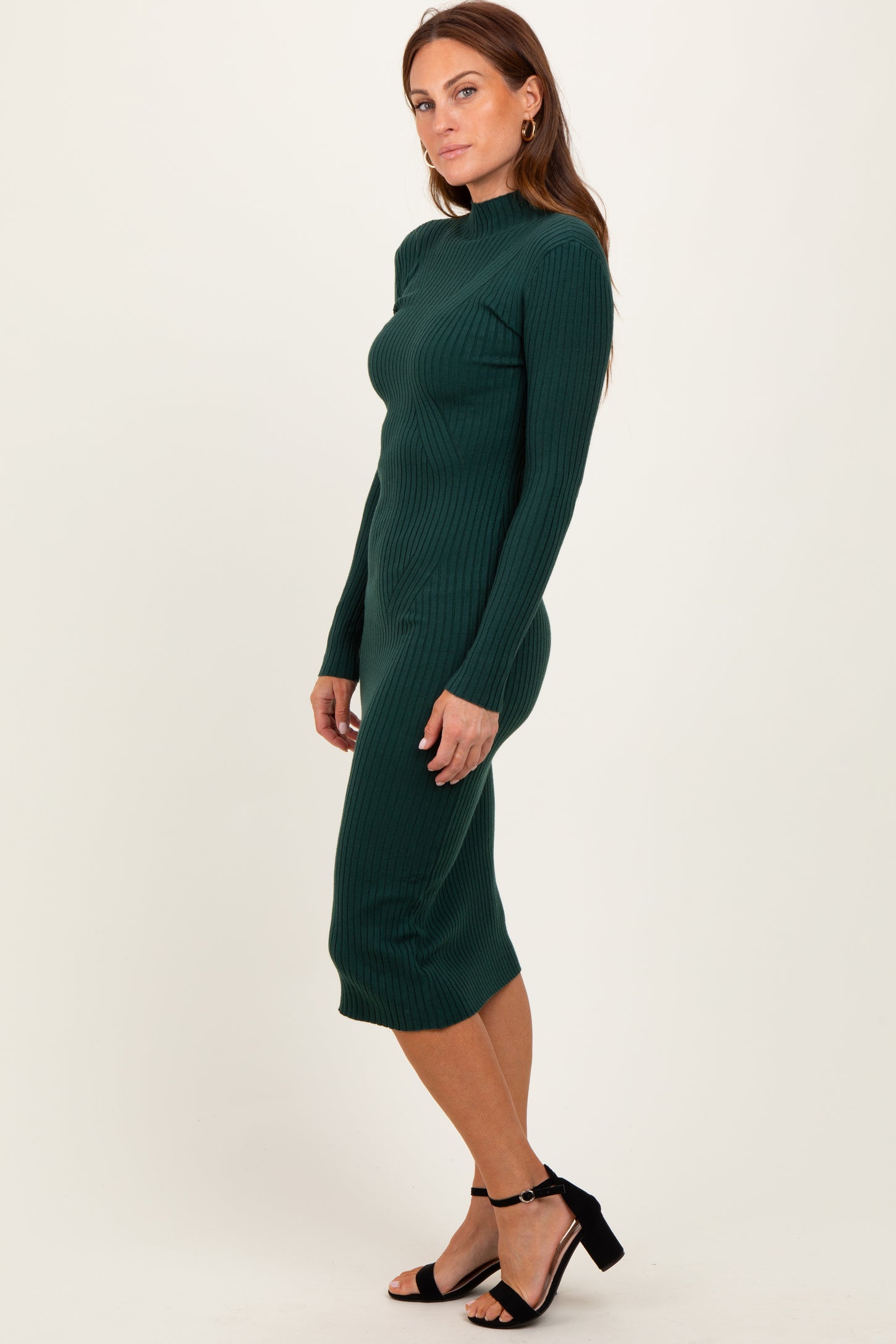 Forest Green Ribbed Knit Mock Neck Long Sleeve Midi Dress