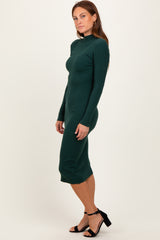 Forest Green Ribbed Knit Mock Neck Long Sleeve Midi Dress