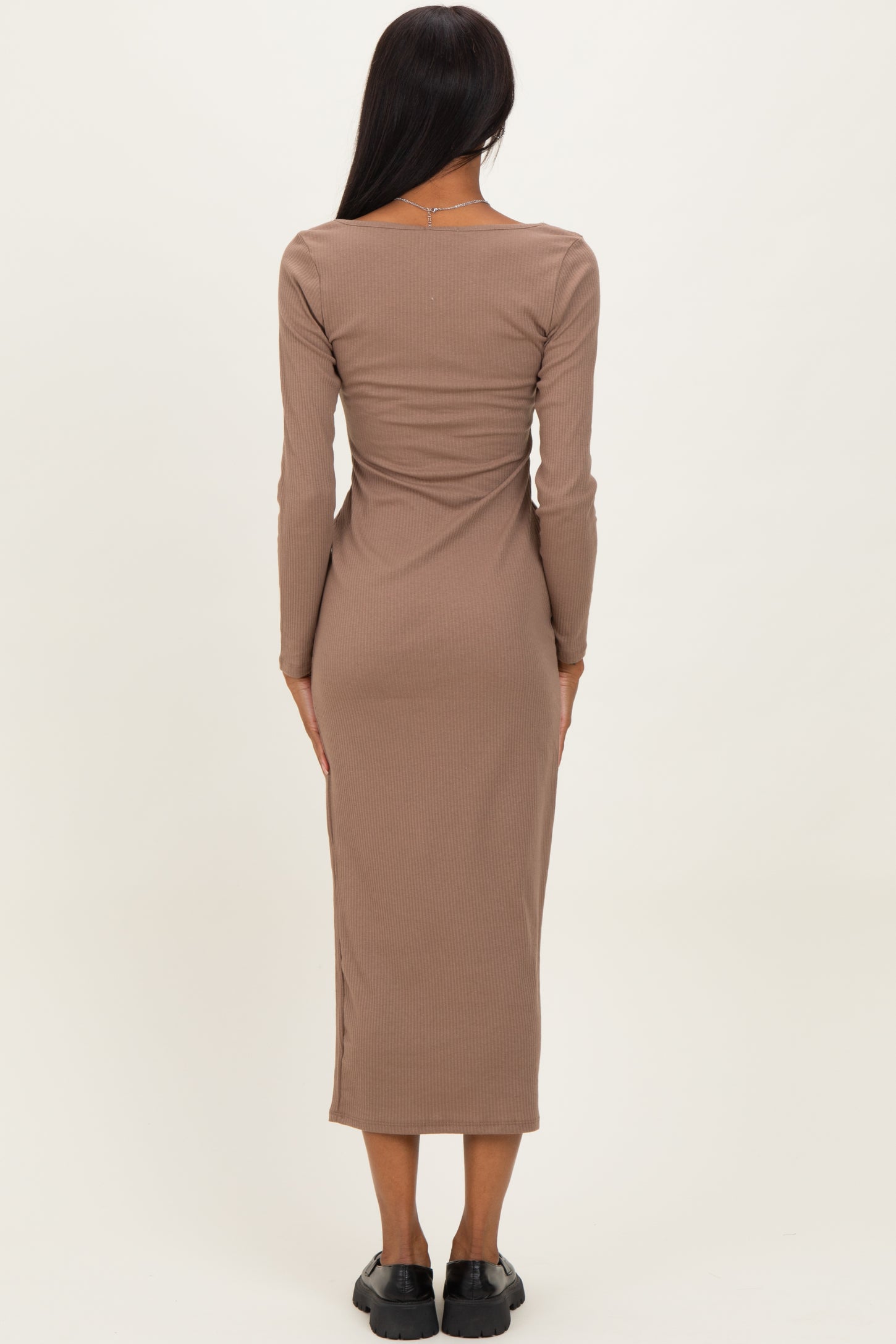 Taupe Square Neck Rib Long Sleeve Maxi Dress